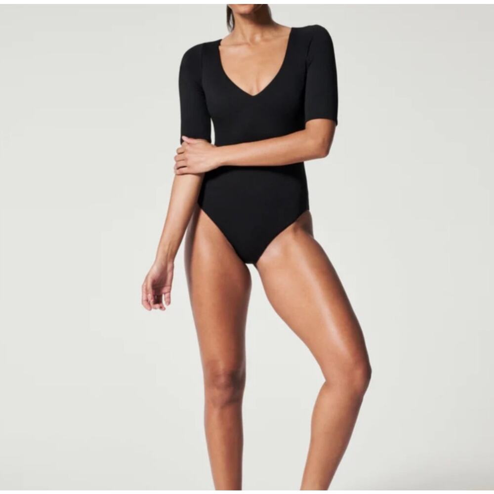 SPANX Pique Shaping Swim Suit Short Sleeve One-Piece Black Swimsuit Size XL